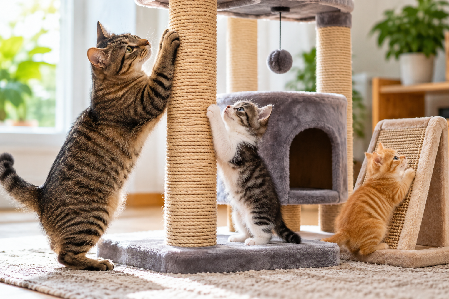 Cats using cat scratching posts and cat scratchers