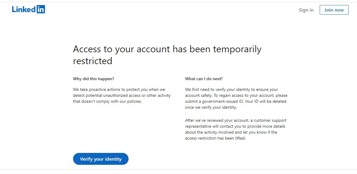 LinkedIn: Access to your account has been temporarily restricted?
